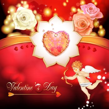 Valentine's day card with roses, hearts and cupid