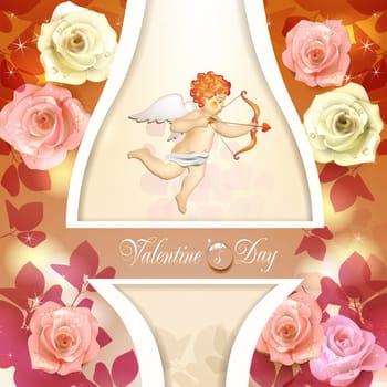 Valentine's day card with roses, hearts and cupid