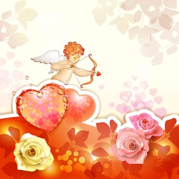 Valentine's day card with roses, hearts and cupid