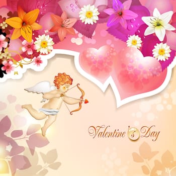 Valentine's day card with lilies, hearts and cupid