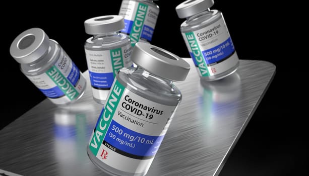 Coronavirus COVID-19 Vaccine Vials Balancing on Metal Tray on Black Background.