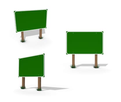 3D Illustrations of Three Different Angled Blank Green Road Signs Ready For Your Own Message.