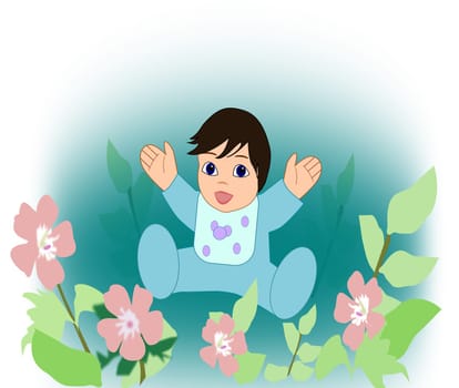 A happy baby sitting in a field of     flowers.