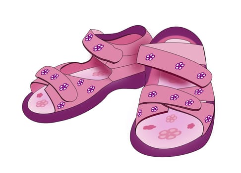 A pair of purple sandals for kids     that are decorated with flowers.