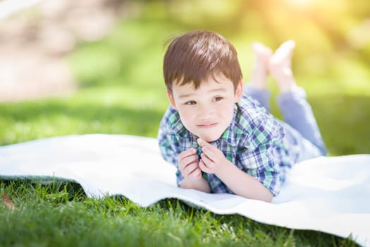 Mixed Race Chinese and Caucasian Young Boy Relaxing Outside On The Grass