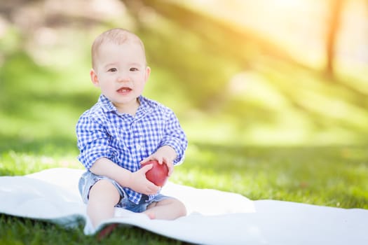 Mixed Race Infant Baby Boy Sitting on Blanket Holding Apple Outside At The Park