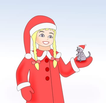 A little girl with braids and Santa     Claus clothes holding a mouse.