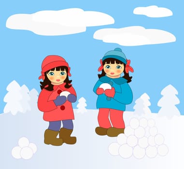 Two little girls playing in the     snow.