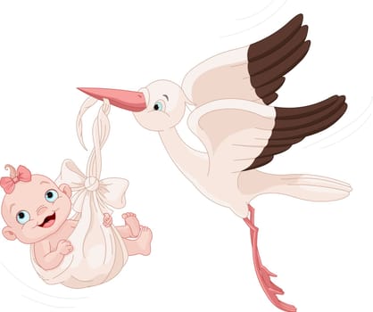 .Cute stork carrying a baby girl