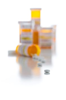 Non-Proprietary Medicine Prescription Bottles and Spilled Pills Isolated on a White Background.
