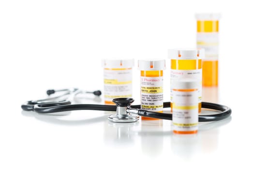 Group of Non-Proprietary Medicine Prescription Bottle with Stethoscope Isolated on a White Background.