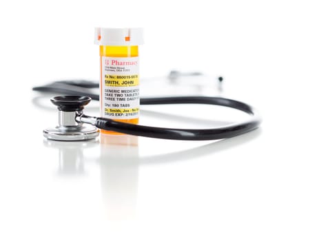 One Non-Proprietary Medicine Prescription Bottle with Stethoscope Isolated on a White Background.