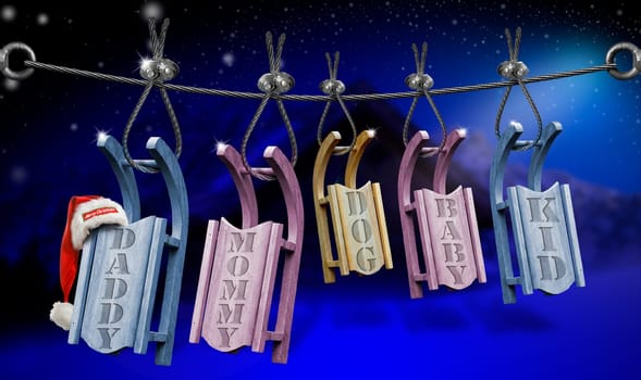 One sled for each family member - winter holidays concept.