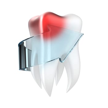 Illustration of painful tooth with a arrow on a white background