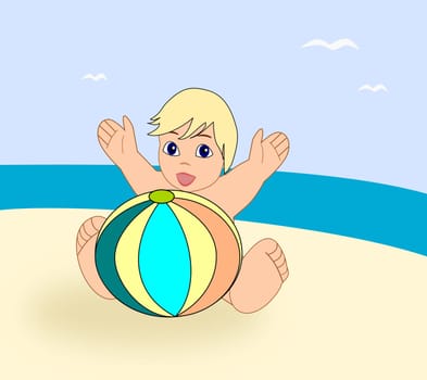 A little baby sitting on the      beach with a large beach ball.