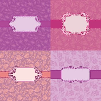 Vector set of 4 floral greeting cards with frames. Background - seamless pattern. Vector illustration.