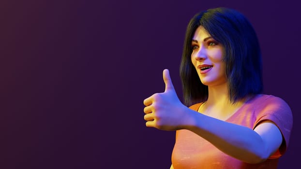 cartoon woman with cool attitude thumb up for congratulations yes success positive approbation 3D illustration