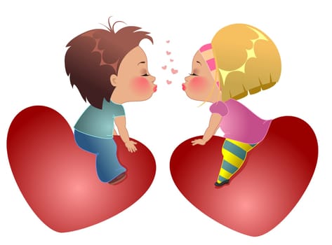 Two lovers children sitting on the hearts