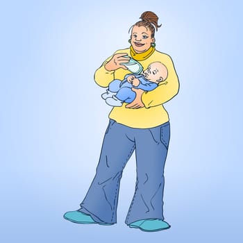 Loving mom feeding a baby with milk