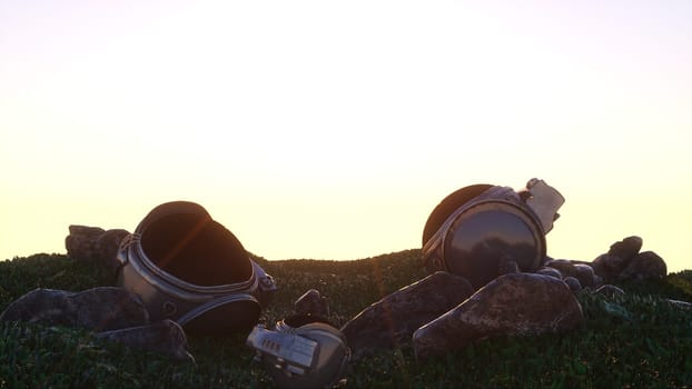 Stones and cosmonaut heads. Computer generated 3d render