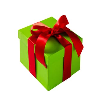 Green gift box with red ribbon isolated on white background