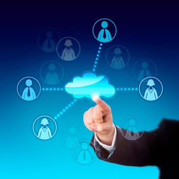 Arm in business suit contacting two male and two female office workers via the cloud. Metaphor for cloud sourcing, resource pooling, teamwork, human resources and gender equality at the work place.