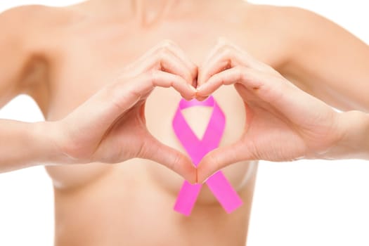 Woman with a pink breast cancer awareness ribbon