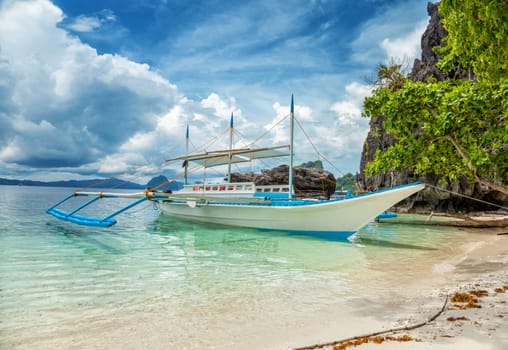 Traditional boat used for island hopping in El Nido, Philippines