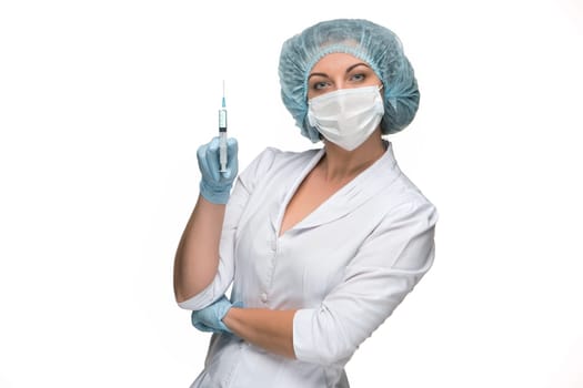 Portrait of lady surgeon showing syringe isolated on white background