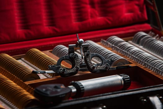 The ophthalmologist box with lenses - set for optometric research ophthalmologist
