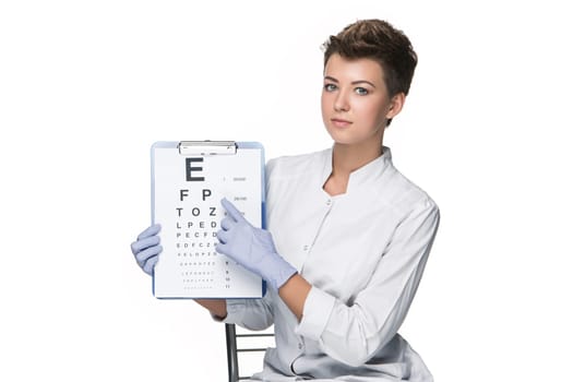 healthcare, medicine and vision concept - woman as ophthalmologist with eye chart isolated on white background