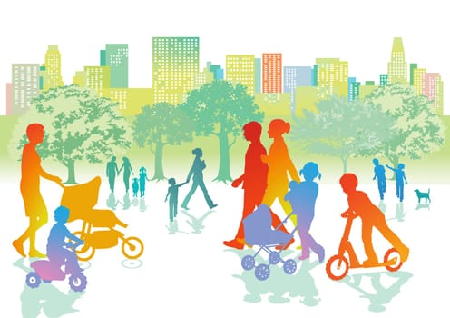 Families with children are walking in the park