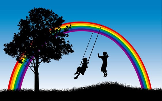 Girl swinging and boy jumping under rainbow