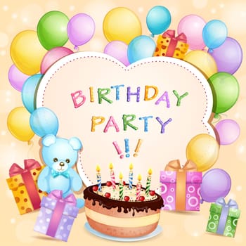 Birthday card with birthday cake, balloons and gifts