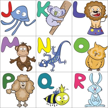 Hand-drawn alphabet with cartoon animals from J to R