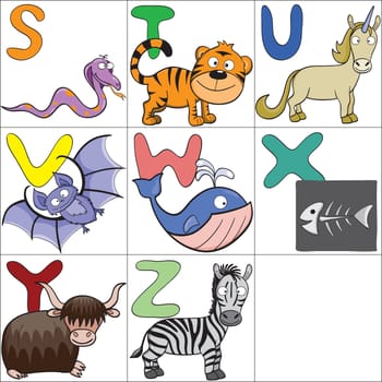 Hand-drawn alphabet with cartoon animals from S to Z.