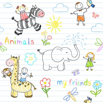 Seamless background with happy children's and animals. Sketch on notebook page