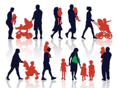 A set of silhouettes, parents and children on a walk.
