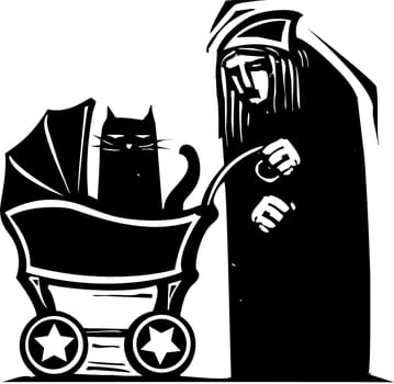 Lonely Old woman pushing a cat around in a baby carriage