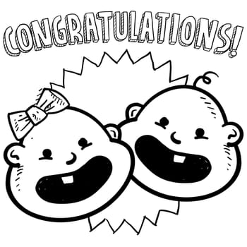 Doodle style congratulations on your newborn baby or infant illustration in vector format. Includes text and caricatures of a boy and girl child.