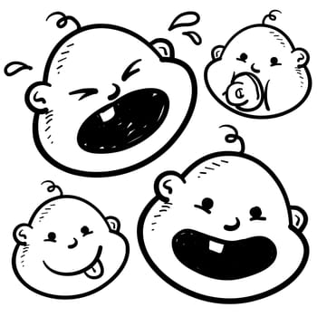 Doodle style infant or baby illustration in vector format. Includes several looks, crying, smiling, with pacifier, and with tongue sticking out.