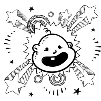Doodle style newborn baby illustration in vector format. Includes caricature of infant, along with pop explosion background.