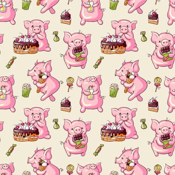 Seamless pattern  -  cartoon pigs and sweets.