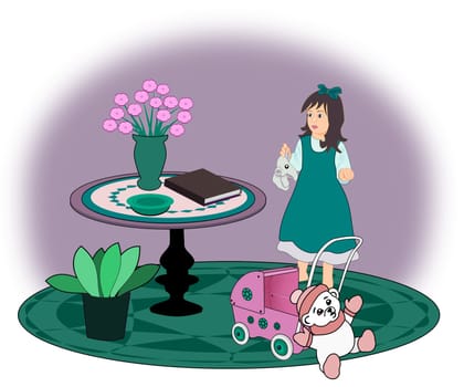 A little girl with     her toys, and a round     table with a flower     vase, a bowl and a     book.