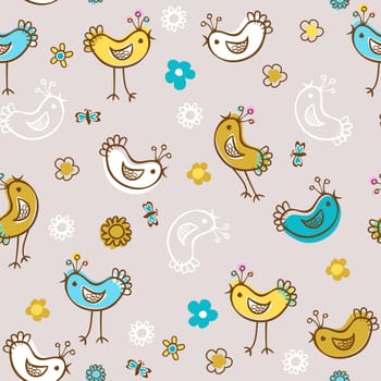 birds and flowers seamless pattern