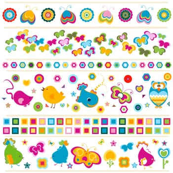 birds, butterflies, flowers etc borders, cute  colorful elements