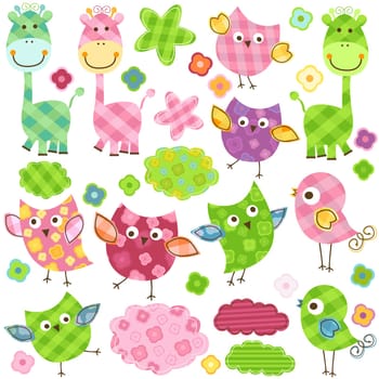 cute happy birds & giraffes set for babies
