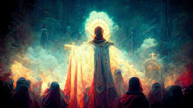 Jesus Christ, people pray in a church, religion and faith of christianity, illustration