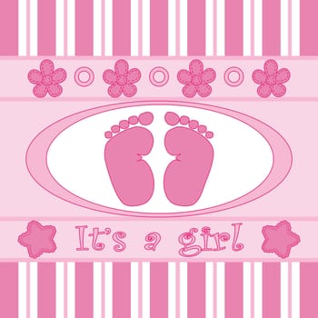 Baby girl announcement card in pink and white