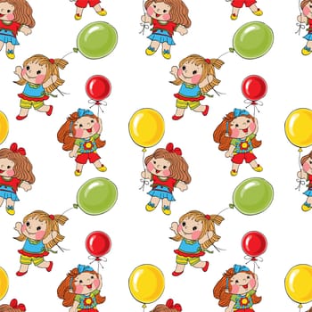 Seamless pattern - little girls with balloons.
